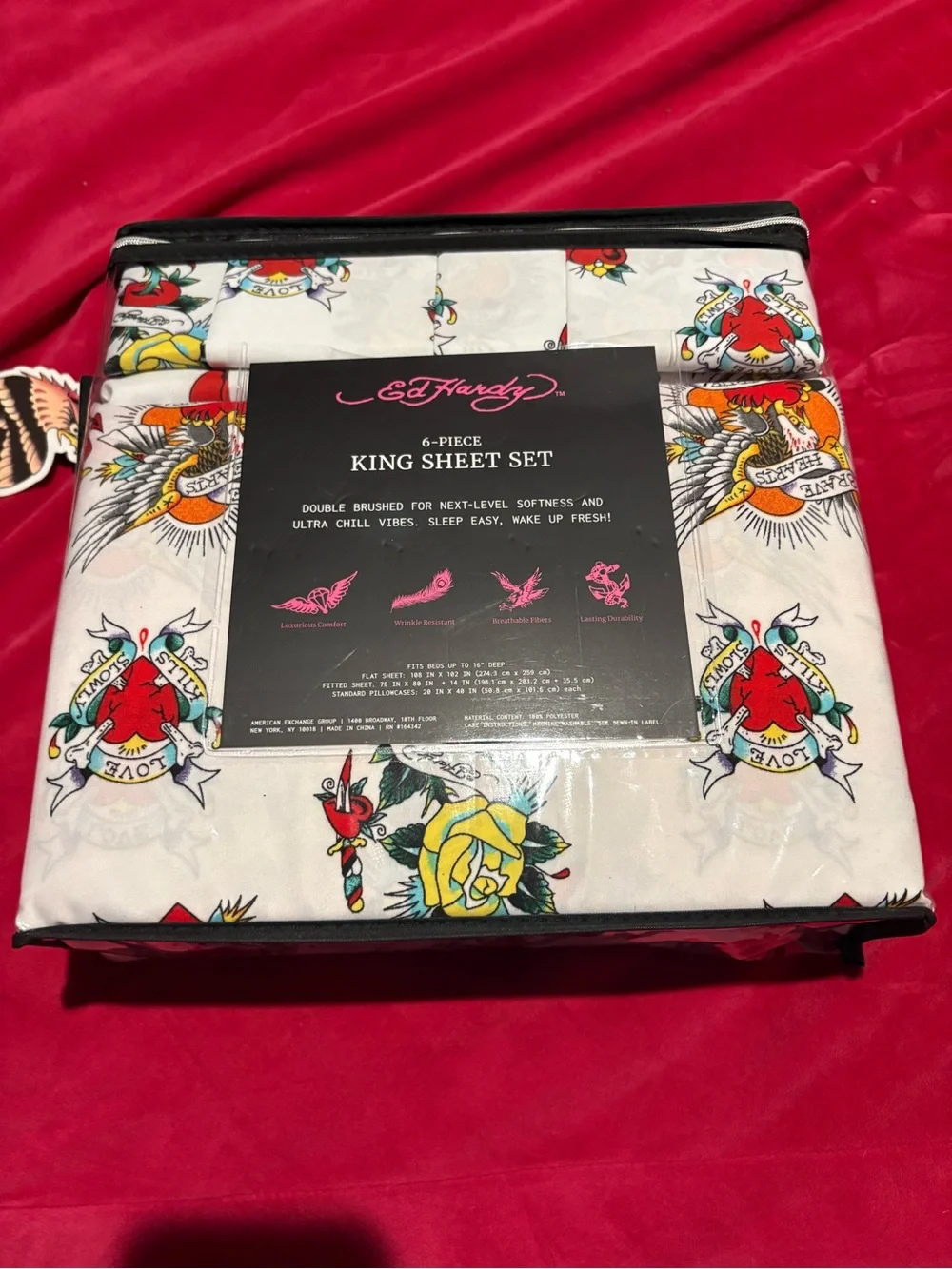 Ed Hardy White King Sheet Set with Red, Yellow & Blue Tattoo Motif